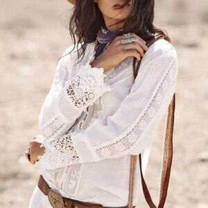 New White Lace Long Sleeve Western Boho Blouse